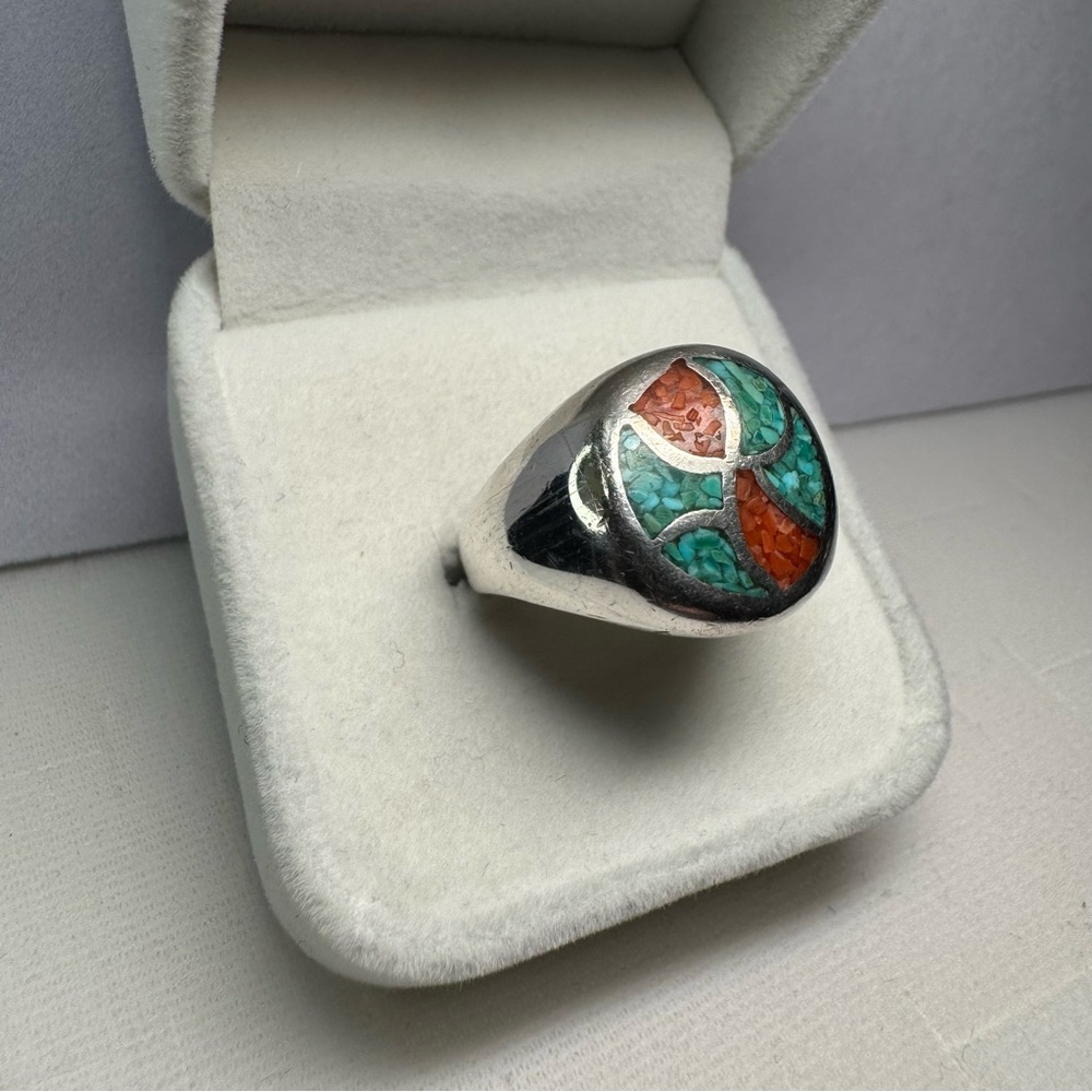 SIGNED CJ Vintage Navajo Turquoise Coral Inlay 925 Sterling Silver Ring Sz 9.75